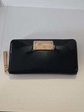 kate spade Black Patent Zip-Around Wallet with Gold Plaque and Tan Pull